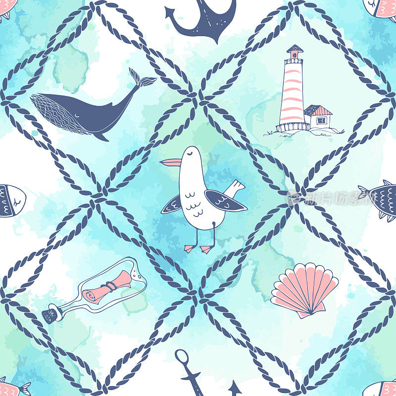 Seamless pattern on a marine theme with sea ropes whales and gulls in a cute Doodle style with watercolors. Vector